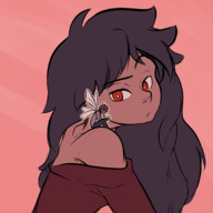 drawing wings black_hair color long_hair clothed red_eyes fairy shrunken_man looking_back bare_shoulders on_shoulder no_background looking_at_tiny monster_boy inverseautotroph
