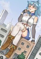 drawing gentle giantess furry blushing city color green_eyes blue_hair boots sitting kissing between_fingers thigh_highs earrings legs_crossed sitting_on_building pointed_ears 까시 kkasi00 extra_ears