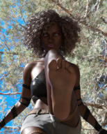 feet clothed toes barefoot soles brunette low_angle smiling foot_crush looming looking_down dark_skin outdoors curly_hair point_of_view looking_at_viewer raised_foot bare_shoulders makeup imminent_crush skimpy_clothing digital_render bare_midriff clatica