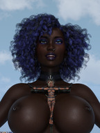 nipples nude blonde large_breasts blue_hair domination smiling short_hair bondage shrunken_woman dark_skin piercing outdoors curly_hair chained jewelry choker makeup digital_render human_jewelry between_breasts the-living-tribunal