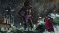 drawing giantess color long_hair clothed cleavage water ocean buildings wet brunette muscles abs storm dark_skin outdoors birds hands_on_hips tide skimpy_clothing matthew_huntley