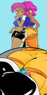 breasts drawing giantess alien comic color butt red_eyes pink_hair shorts shrunken_man giantesses dark_skin top hands_on_hips no_background between_buttcheeks bare_midriff enid ok_k.o.!_lets_be_heroes slugmanoctavio3 cartoon_network