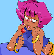 drawing vore color large_breasts tongue saliva red_eyes pink_hair shrunken_man lollipop no_background looking_at_tiny on_food slugmanoctavio3