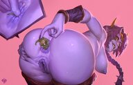 drawing nipples insertion nude pussy color large_breasts long_hair purple_hair yellow_eyes smiling anal_insertion bending_over shrunken_man asshole looking_back sideboob braid purple_skin no_background majora pointed_ears the_legend_of_zelda cutaway link_(the_legend_of_zelda) quasartart quasart