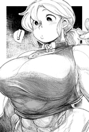 drawing blushing monochrome large_breasts clothed anime ponytail muscles abs shrunken_man looking_at_tiny on_nose bakugeki_no_g bare_midriff planet_(bakugeki_no_g)