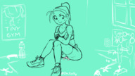 drawing monochrome long_hair clothed butt_crush anime sweat smiling ponytail sitting foot_crush animation looking_down shrunken_person shoe_crush indoors under_foot multiple_victims under_butt struggling looking_at_tiny on_kinky sitting_on_tiny