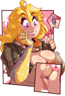 drawing blushing blonde color large_breasts long_hair licking handheld cleavage kissing shrunken_woman rwby weiss_schnee yang_xiao_long thaddeusmcboosh