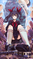 drawing giantess panties city upskirt black_hair color long_hair destruction clothed buildings anime train low_angle multiple_sizes smiling sitting foot_crush pigtails uniform looming looking_down foot_print giantesses vehicles shoe_crush outdoors raised_foot kneesocks imminent_crush debris on_kinky