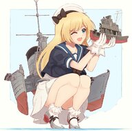 drawing gentle giantess upskirt blonde color long_hair blue_eyes clothed handheld squatting open_mouth thighs hat battleship ships winking no_background ncmares yohomeboync yohomeboyraps