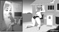 bikini drawing gentle giantess monochrome large_breasts buildings kneeling kissing looking_in degeneratepai