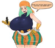 drawing blushing color handheld huge_breasts green_hair no_background looking_at_tiny pinkkoffin