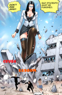 breasts drawing giantess panties mega upskirt black_hair color destruction cleavage glasses foot_crush school uniform teacher running looking_down dialogue debris doujinsak