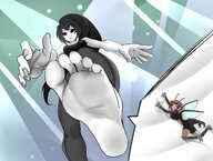 drawing feet wings black_hair color long_hair clothed toes barefoot soles anime brunette low_angle smiling ponytail foot_worship black_eyes under_foot raised_foot stuck_to_foot no_background pointed_ears insect_girl cutaway bubimun
