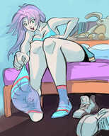 drawing feet color long_hair toes cleavage soles anime smiling in_shoe socks pink_hair sitting looking_down shrunken_person indoors undressing in_socks in_sock bare_legs bubimun discarded_footwear
