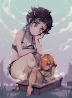 drawing feet black_hair color large_breasts swimsuit clothed toes barefoot bath cleavage anime smiling green_hair short_hair mini_giantess pool grass outdoors crouching trees orange_hair arms_crossed bangs skimpy_clothing looking_at_tiny multicolored_hair bare_legs echo parorou