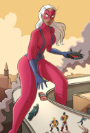 breasts drawing giantess white_hair city mega color large_breasts long_hair destruction colossus rampage buildings gloves parody storm jets highway bodysuit mask vehicles avengers dark_skin smoke poster straddling costume road giant_girl running_away x-men wolverine attack_of_the_50_foot_woman white_eyes marvel_comics caiman2 x-jet