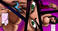 drawing comic black_hair color large_breasts green_eyes story shrunken_man peterparkerlawl between_breasts