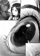 drawing micro sneeze monochrome black_hair long_hair saliva face eye unaware shrunken_people close_up eye_lashes point_of_view commission source_needed eyelid iris x-23 marvel_comics eyebrow cutaway hair ourhandsh on_eye pupil kimura
