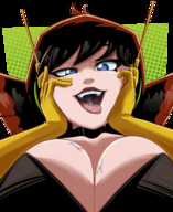 breasts drawing vore color large_breasts tongue blue_eyes clothed cleavage saliva brunette mouthplay gloves short_hair collar shrunken_people open_mouth inside_mouth imminent_vore anon janet_van_dyne hand_on_head marvel_comics ravenravenraven the_wasp unusual_pupils looking_at_tinies between_breasts heart_pupils avengers_earths_mightiest_heroes
