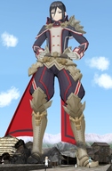 giantess black_hair armor destruction clothed buildings anime low_angle smiling ponytail unknown_artist foot_crush town looming looking_down shoe_crush outdoors under_foot hands_on_hips running_away source_needed looking_at_tiny digital_render morag xenoblade_chronicles