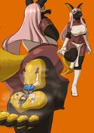 drawing feet furry anthro color large_breasts long_hair clothed toes barefoot high_heels soles anime sweat low_angle smiling in_shoe pink_hair paws anubis boots foot_crush jackal shrunken_woman under_foot smelly looking_back thigh_highs raised_foot stuck_to_foot sharp_teeth steam no_background skimpy_clothing cutaway skintight_clothing kiyoshi2431