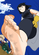 drawing giantess feet black_hair color toes barefoot soles low_angle short_hair black_eyes foot_crush looking_down dirty_soles looking_at_tiny my_hero_academia preesoul gigabaka shimura_nana