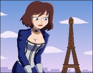 breasts drawing giantess city color large_breasts blue_eyes cleavage buildings brunette smiling short_hair bending_over looking_down paris choker eiffel_tower elizabeth bioshock_infinite bioshock elizabeth_comstock nightcore100