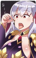 drawing color large_breasts red_eyes shrunken_woman open_mouth between_fingers implied_vore no_background fate_(series) marigold_sasaki kama