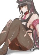 drawing giantess black_hair color large_breasts yellow_eyes sitting nylons looking_down ripped_clothing fate/stay_night no_background lien_57