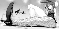 drawing giantess blushing monochrome clothed high_heels translate_me sitting fishnets shrunken_man trapped drinking bunny_girl dialogue bunnysuit under_leg looking_at_tiny bakugeki_no_g janitor