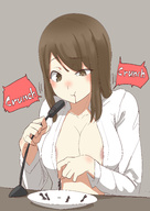 drawing nipples vore color large_breasts clothed handheld blood brunette shrunken_people chewing recording brow_eyes