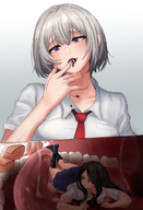 drawing giantess vore upskirt color tongue saliva purple_eyes short_hair uniform shrunken_woman grey_hair internal_view kuroihassan