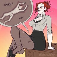drawing feet blushing color large_breasts penis clothed toes cleavage high_heels soles anime stockings smiling red_hair sitting heart shrunken_man inside_clothing unbuttoned legs_crossed office_lady inside_stockings hair_bun cutaway clothing_entrapment hollewdz