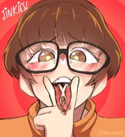 drawing nude vore blushing color tongue glasses anime brunette smiling red_hair ponytail short_hair shrunken_woman open_mouth inside_mouth mouth_play bangs imminent_vore on_tongue no_background looking_at_tiny scooby-doo velma_dinkley hollewdz daphne_blake