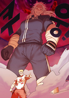 drawing giantess white_hair pokemon color long_hair clothed anime low_angle smiling stadium muscles looming shrunken_man looking_down smoke outdoors looking_at_viewer pointing dynamax dorohedoro airpro033 shin_(dorohedoro) noi_(dorohedoro)