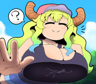 breasts drawing horns color large_breasts clothed cleavage breast_crush low_angle lying_down unaware shrunken_man outdoors top dragon_girl smothering mspaintgts anon kobayashi_san_chi_no_maid_dragon quetzalcoatl miss_kobayashis_dragon_maid