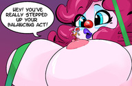drawing nipples color large_breasts blue_eyes red_hair shrunken_man dialogue on_nipple suspenders source_needed no_background face_paint looking_at_tiny clown purple_lips slugmanoctavio3