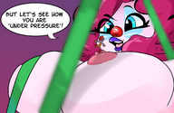 drawing nipples color large_breasts blue_eyes red_hair shrunken_man dialogue on_nipple suspenders source_needed no_background face_paint looking_at_tiny clown purple_lips slugmanoctavio3