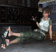 feet clothed toes barefoot soles brunette military smiling gloves short_hair foot_worship sitting foot_play shrunken_woman jill_valentine indoors foot_slave resident_evil choker bangs looking_at_tiny digital_render rebecca_chambers piedzilla