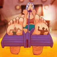 drawing feet color long_hair clothed toes barefoot cleavage soles purple_hair low_angle smiling asian foot_worship shrunken_men sitting workout pinned indoors under_foot foot_slave yoga looking_at_tiny hugging_foot ozzidevs