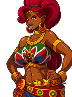 drawing color large_breasts long_hair anime climbing smiling red_hair ponytail muscles abs shrunken_man dark_skin jewelry blazbaros bare_shoulders hands_on_hips makeup no_background on_chest looking_at_tiny pointed_ears the_legend_of_zelda on_breasts breath_of_the_wild bare_midriff the_legend_of_zelda_breath_of_the_wild blue_lipstick link_(the_legend_of_zelda) urbosa_(the_legend_of_zelda)