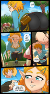 drawing gentle blushing size_difference blonde comic color large_breasts butt blue_eyes clothed handheld mushroom shrunken_man grass pants grabbing outdoors all_fours commission dialogue winking on_finger looking_at_tiny minish the_legend_of_zelda speech_bubble breath_of_the_wild the_legend_of_zelda_breath_of_the_wild nightingale122 hylian dakunart picori link_(the_legend_of_zelda) princess_zelda_(the_legend_of_zelda) leon_takayashi