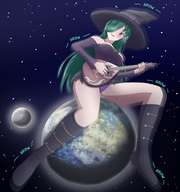 drawing growth giantess earth space color clothed planet boots witch cosmic_giantess thedaibijin sitting_on_planet instrument kasandra