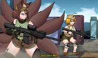 drawing giantess tail wings anthro city color crossover gun gloves shorts giantesses metal_slug bee_girl dakunart mely