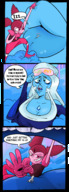 drawing giantess sleeping comic color large_breasts blue_eyes cleavage tiny multiple_sizes lips pink_hair pink_eyes blue_skin dialogue imminent_vore anon steven_universe pink_skin blue_diamond blue_lips spinel slugmanoctavio3 cartoon_network