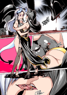 drawing vore horns tail black_hair color tongue high_heels blue_hair blood dress gore foot_crush kissing lesbians shrunken_people cat_girl lucky_b between_breasts