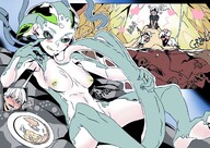 drawing blushing color handheld digestion shrunken_people between_fingers monster_girl licking_lips stomach_view internal_view looking_at_tiny lucky_b