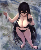 bikini drawing giantess giga black_hair color destruction barefoot cleavage huge_breasts phone foot_print clouds migi_33