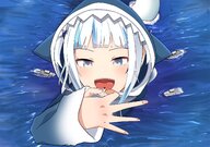 drawing giantess color blue_eyes handheld water ocean open_mouth between_fingers ships implied_vore looking_at_tiny knowneton gawr_gura