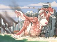 drawing giantess furry city mega color destruction beach helicopter red_eyes huge_breasts sitting scream_(artist)